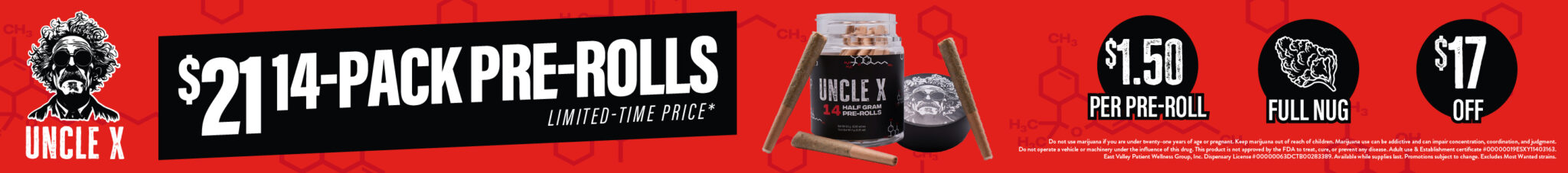 Uncle X 21 Dollar 14Pk Pre-Rolls Desktop Banner